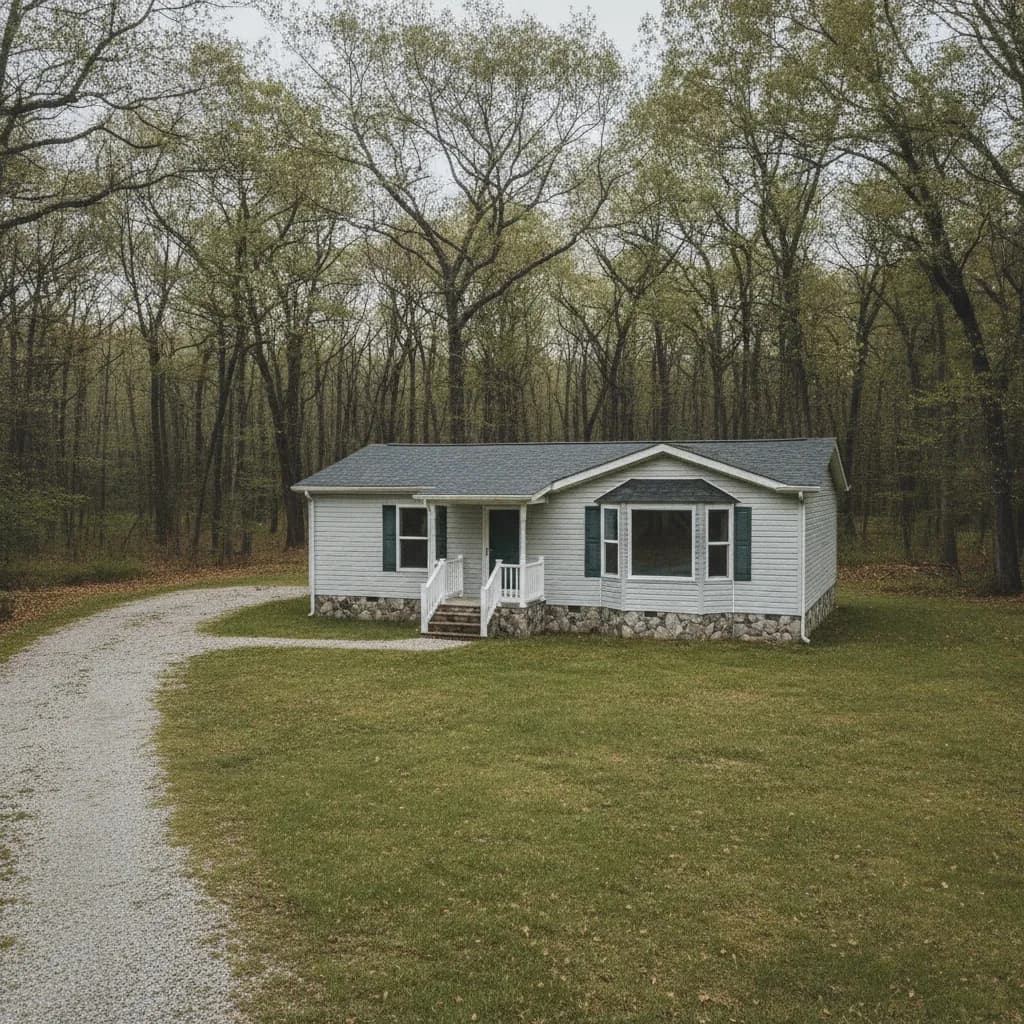 A manufactured home on its own private wooded lot