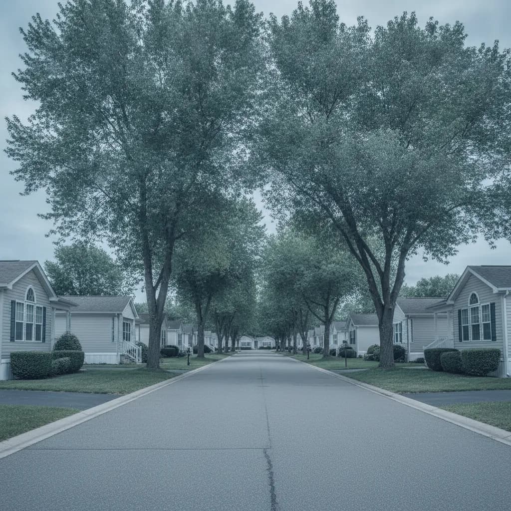 A quiet street inside a New Jersey manufactured home community